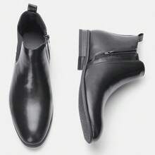 男士切尔西靴，商务通勤，内置拉链，橡胶木跟，双色做旧皮革鞋面，经典复古踝靴 - 黑色 - 查看 1