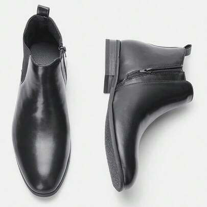 Giày bốt Chelsea nam, kiểu dáng công sở, khóa kéo bên trong, gót gỗ cao su, phần trên bằng da hai màu, kiểu bốt cổ thấp cổ điển retro.