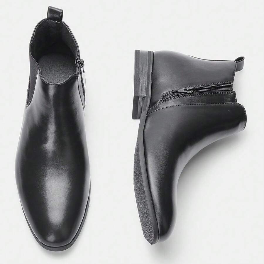 男士切尔西靴，商务通勤，内置拉链，橡胶木跟，双色做旧皮革鞋面，经典复古踝靴 - 黑色 - 查看 1