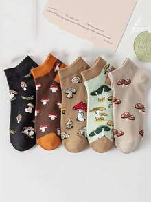 5双装蘑菇图案女士短袜，透气低帮休闲袜，适合春夏穿着 - 彩色 - 查看 6