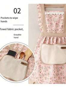 1pc Polka Dot & Floral Patchwork Princess Apron, Oil-Resistant Polyester Material With Adjustable Strap And Large Pocket, Suitable For Home Kitchen, Baking, Cafe, Bubble Tea Shop And Catering - Multicolor - View 5