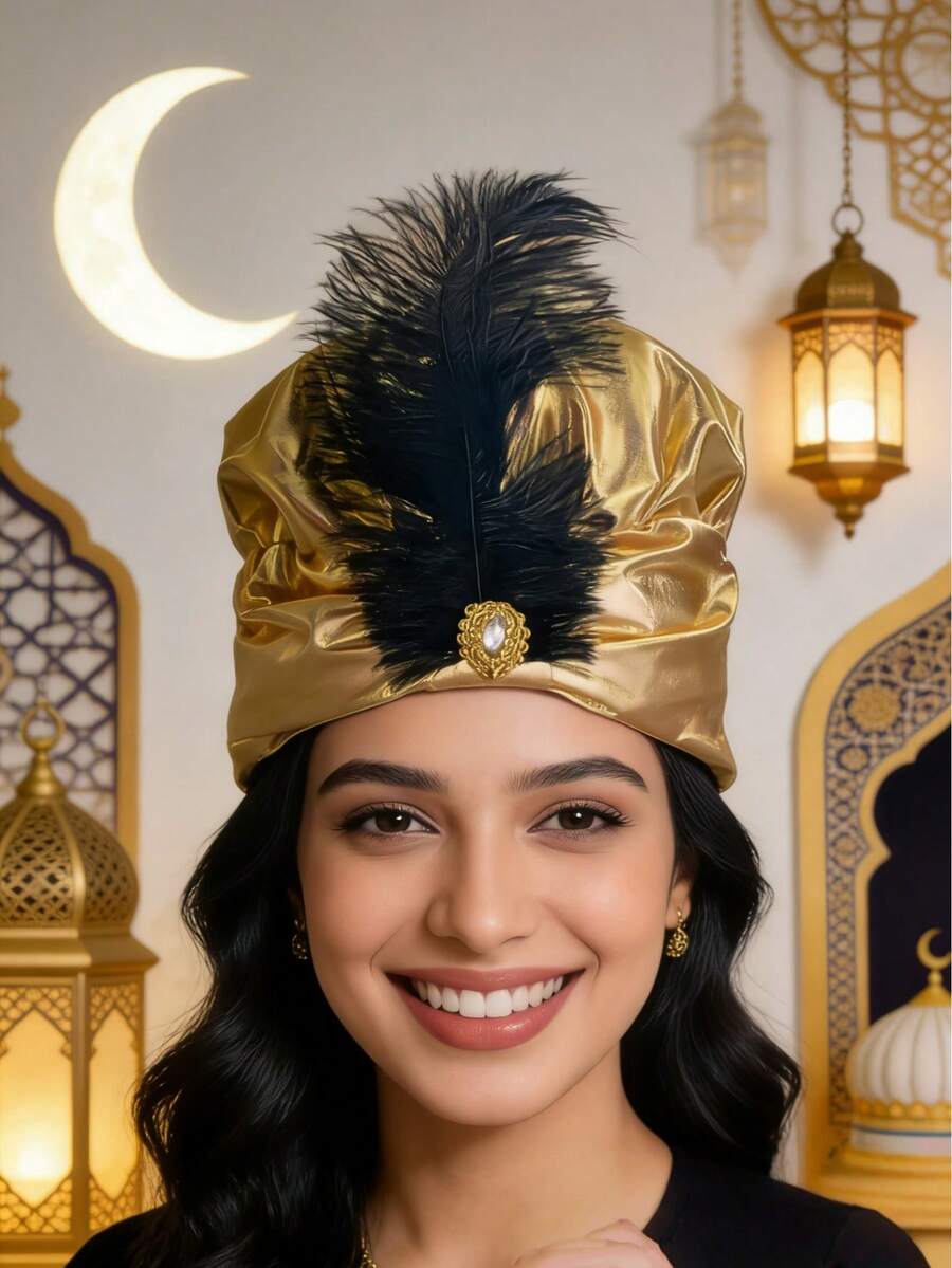 Mũ trùm đầu màu vàng óng ánh cho bữa tiệc Ramadan, trang trí lông vũ và đá quý lấp lánh, phụ kiện đội đầu độc đáo theo phong cách Ả Rập, trang phục biểu diễn, mũ ngộ nghĩnh. - Vàng - Xem 1