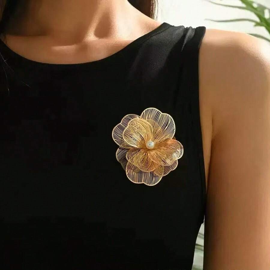 Broche de flor de camélia dourada em formato assimétrico (1 peça), acessório para vestido, acessório para alça, ideal para festas e ocasiões especiais. - Camélia - Ver 1