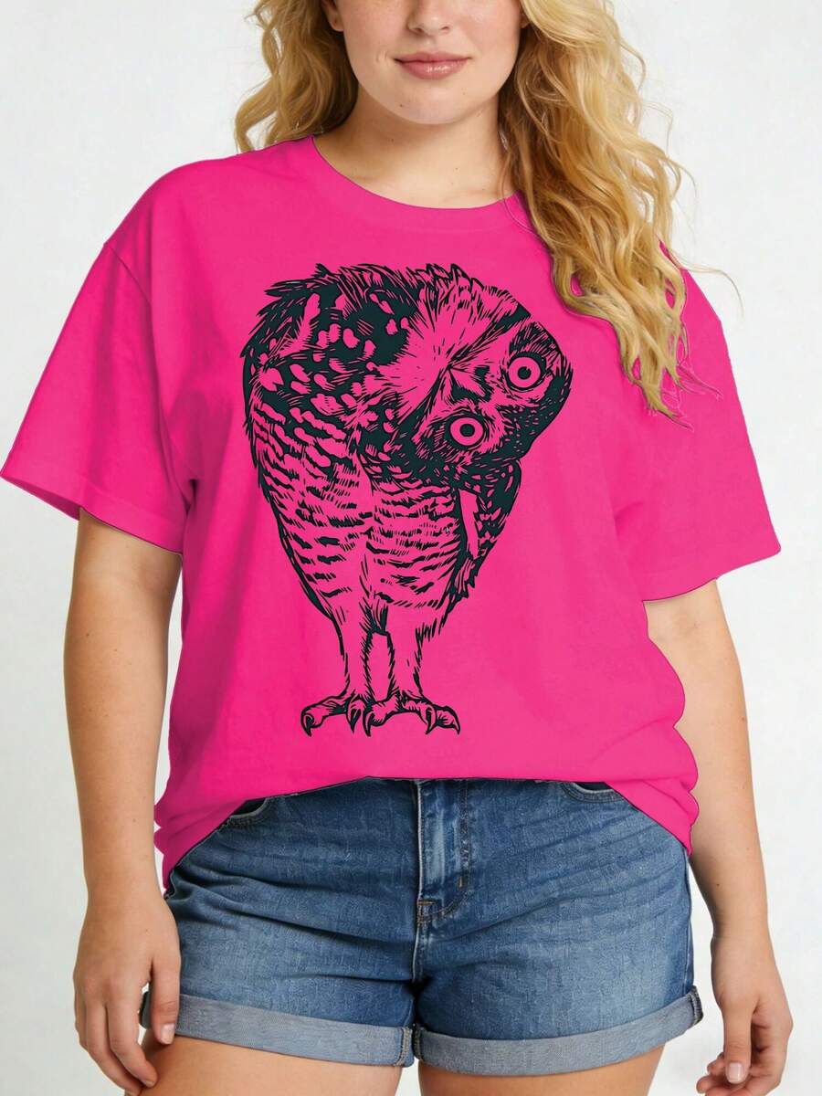 Plus Size Women's T Shirt Linocut Owl Graphic Casual Shortsleeve Crew Neck Top, Relaxed Fit Crew Neck Plus Size Tee, Comfortable Fit For Spring And Summer, Women's Tshirt, Machine Washable T Shirt, Comfortable Fit - 粉色 - 查看 1