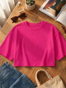 Blusa de mujer de corte holgado, cuello redondo, manga corta, casual, adecuada para primavera y verano, con estilo minimalista, elegante y sexy Y2K, apta para uso diario, oficina, hogar y exteriores - Rosa Fucsia - Ver 2