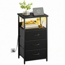 Tomnk Bedside Table With Charging Station, LED Nightstand With USB Ports And Outlets, 3 Fabric Storage Drawers With PU Finish, Bed Side Table For Bedroom, Living Room, White/Black - US B Type Plug(110-127V) - View 16