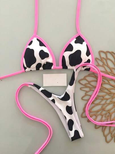 Bộ bikini hai mảnh gợi cảm buộc dây cổ họa tiết da báo dành cho nữ, thích hợp cho kỳ nghỉ hè, đi biển.