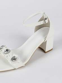 女鞋 白色水钻花朵粗跟凉鞋，方头踝带新娘婚纱高跟鞋 - 白色 - 查看 7