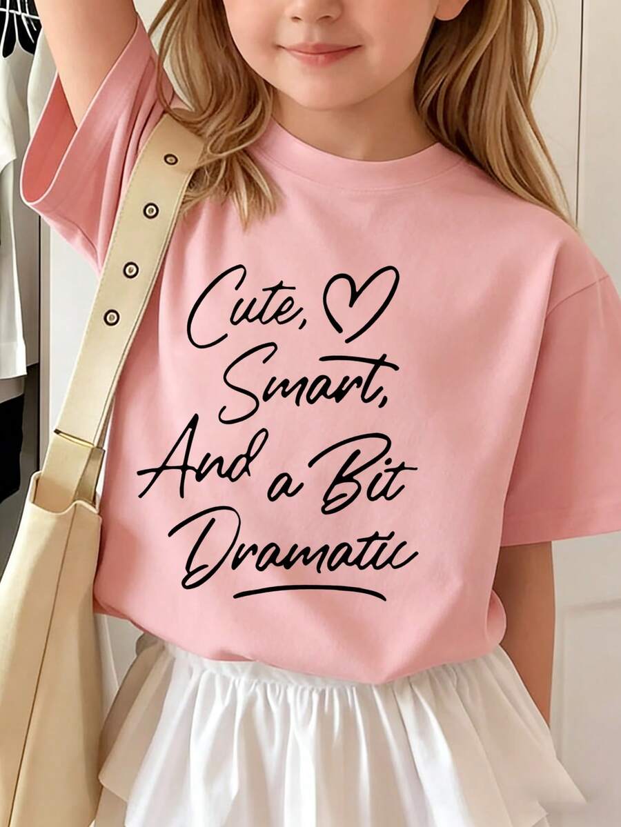 Áo thun cổ tròn in khẩu hiệu tối giản dễ thương dành cho bé gái tuổi mới lớn, mùa hè - Hồng - Xem 1