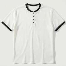 Men's Contrast Color Henley Neck Short Sleeve T-Shirt, Waffle Texture Loose Casual Versatile All-Match Tee For Summer - White - View 10