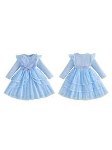 Toddler Dress Girls Ruffle Long Sleeve Layered Tulle Dress Fall Spring Fashion Party Dresses 3-10T, Kids Holiday Birthday Wedding Outfit - 天藍 - 查看 10