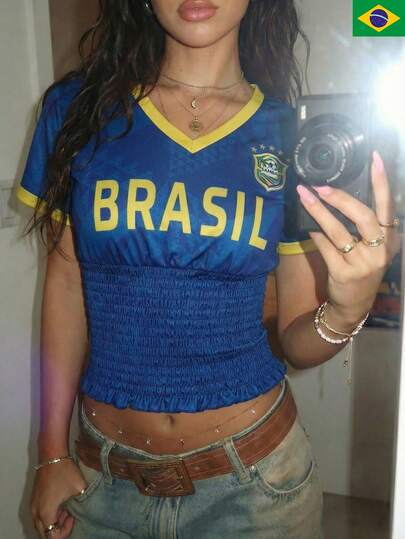 Women's Casual Brazil Jersey Mesh V Neck Shirred Lettuce Trim T-Shirt For Summer Spring,Allover Print Flag,Blokette Blokecore,Cooling Breathable,Summer Spring Outfits,Summer Spring Tops,Summer Spring Clothes,Going Out Tops,Sporty Chic,Essential For Match Day,Game Day Outfit,Football Soccer Festival,Football Soccer Watch Party,Football Soccer Game Day Outfits For Women,Summer Tops,Going Out Tops Women