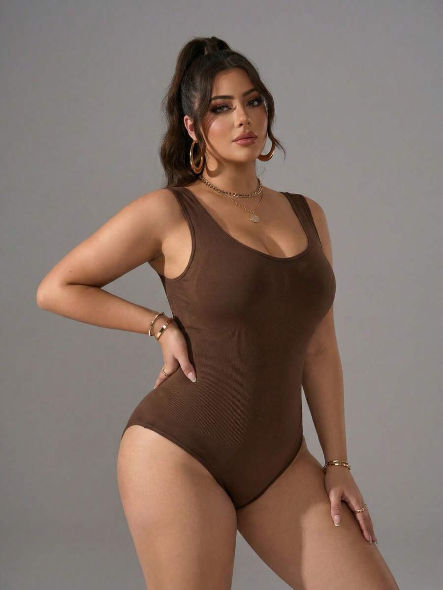Zimi Collection Body sans couture grande taille, débardeur sans manches avec snap entre-jambes, vêtement d'activité, yoga, gym, entraînement, décontracté, basique - Acajou - Voir 1