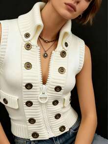 Áo khoác cardigan không tay dành cho nữ với khóa kéo lớn, cổ cao và thiết kế nhiều nút. - trắng - Xem 1