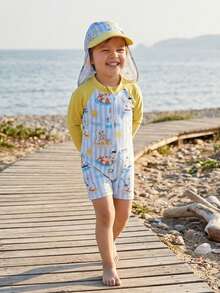 Toddler Baby Boy Swimsuit With Sun Hat Set Printed Long Sleeve Rash Guard Half Zip-Up Bathing Suits - Yellow - View 2