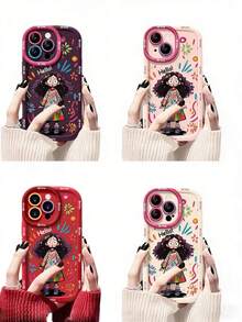 兼容 16、17、16/11/12/13/14/15/15Pro/15Plus/15ProMax/7Plus/8Plus/X/XsMax/Xr/11Pro/12Pro/13Pro/14Pro/12mini/13mini/11ProMax/12ProMax/13ProMax/14ProMax/14Plus/6/6s/6Plus/7/8/16Pro/16Plus/16ProMax/SE，时尚手机壳，防水、防摔、防刮，卷发女孩、涂鸦女孩图案，小众风格，高品质保护壳，防震 - 泡芙殼-粉紅色-粉字塗鴉女孩 - 查看 1