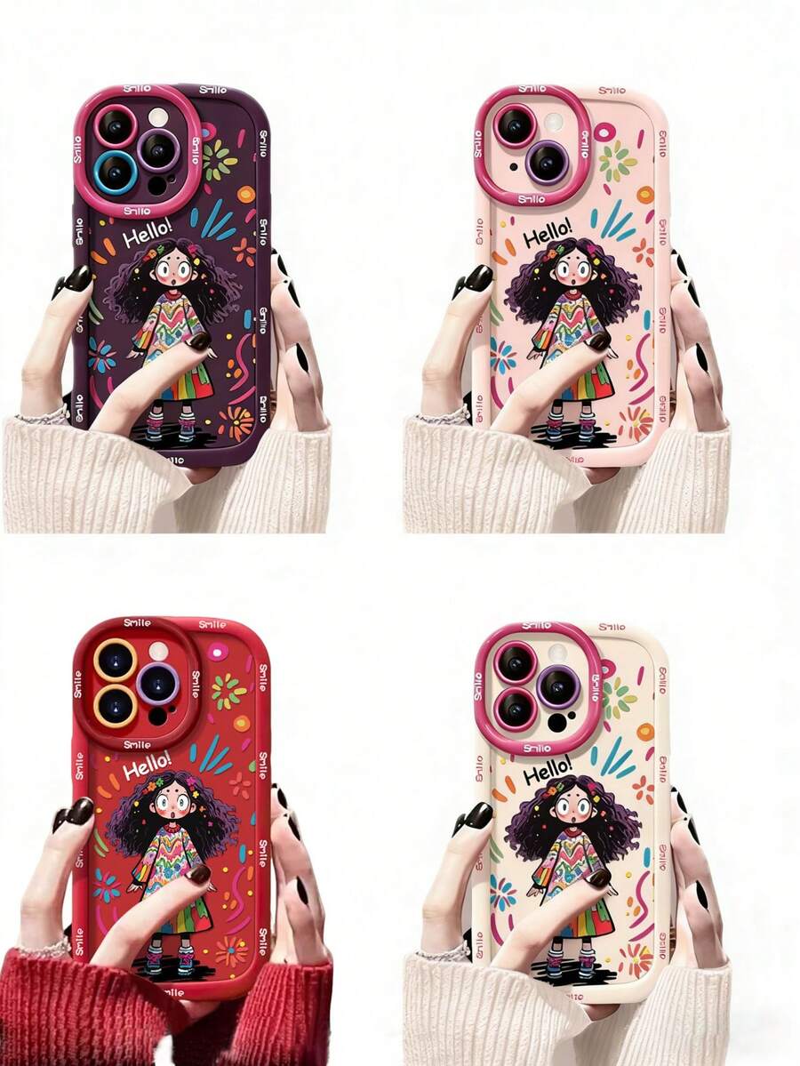 兼容 16、17、16/11/12/13/14/15/15Pro/15Plus/15ProMax/7Plus/8Plus/X/XsMax/Xr/11Pro/12Pro/13Pro/14Pro/12mini/13mini/11ProMax/12ProMax/13ProMax/14ProMax/14Plus/6/6s/6Plus/7/8/16Pro/16Plus/16ProMax/SE，时尚手机壳，防水、防摔、防刮，卷发女孩、涂鸦女孩图案，小众风格，高品质保护壳，防震 - 泡芙殼-粉紅色-粉字塗鴉女孩 - 查看 1