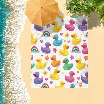 1pc 185*235CM Rainbow & Duckling Pattern Waterproof & Sand-Proof Extra Large Beach Blanket, Suitable For 2-3 People Leisure Beach Vacation, Lightweight Thin Durable Outdoor Camping Picnic Mat