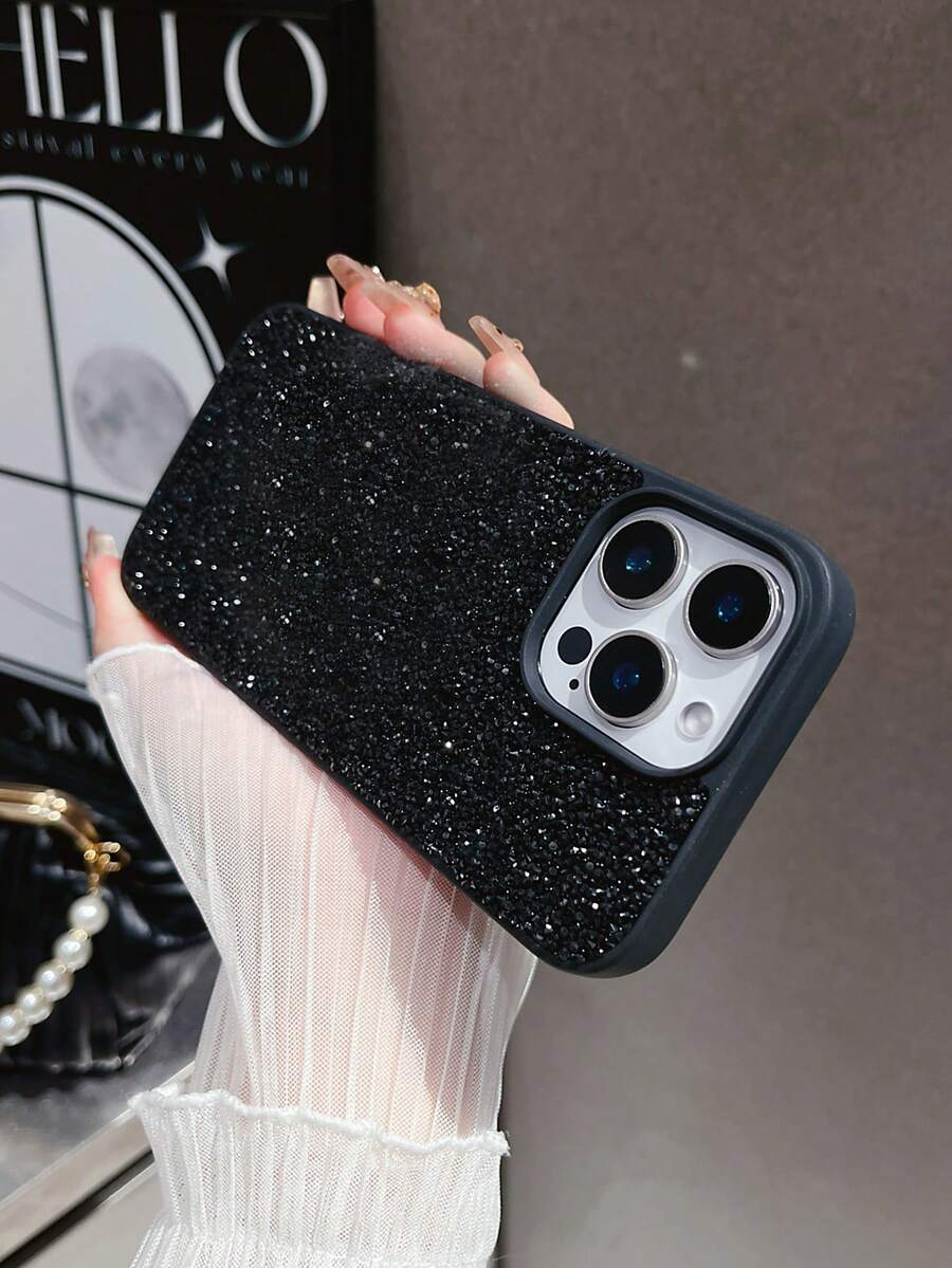 Sequins,Diamond 1pc Solid Color Luxury Rhinestone Embedded Shiny Dual-Purpose Phone Case, Compatible With Apple 17 Pro Max, 16, 15 Pro, 14, 13, 12, 11 Series - Black - View 1