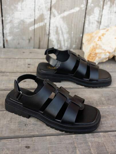 Women's Black Thick-Soled Roman Style Open Toe Platform Sandals, Spring/Summer Fashion Vacation Casual Wedge Heels