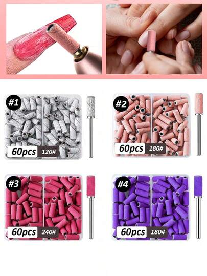60件套美甲钻头砂带套装，粗细120/180/240目，配3.1mm迷你钻头轴，适用于亚克力美甲、凝胶美甲和足部护理。