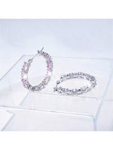 These Minimalist And Elegant 925 Sterling Silver Earrings, Featuring Cubic Zirconia Gemstones In A Geometric Square Design, Are Perfect For Wearing At Banquets, Weddings, And Parties. - Pink - View 2