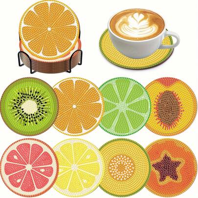 Bộ 8 đế lót ly tranh đính kim cương hình trái cây, bề mặt kim cương tròn sáng bóng, keo dán chắc chắn kèm đầy đủ dụng cụ, dễ dàng cho người mới bắt đầu, đồ thủ công giúp giảm căng thẳng, quà tặng năm mới, ngày Valentine, Giáng sinh, ngày Nhà giáo, đồ trang trí nhà cửa cho gia đình, bạn bè, bạn gái, giáo viên.