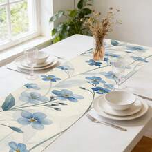 1pc Watercolor Blue Flower Table Runner, Minimalist Nordic Style Floral Dining Table Decor Cloth, Living Room Dining Room Table Decoration Long Runner, Linen Texture, Ideal For Spring Dining And Outdoor Parties, Suitable For Home Dining Room And Restaurant, Kitchen Supplies, Party Table Decor - Baby Blue - View 4