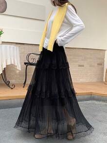2026 Spring/Summer New High Waist Lace & Mesh Patchwork Pleated A-Line Skirt, Slimming Flowy Flared Skirt Black - Black - View 6