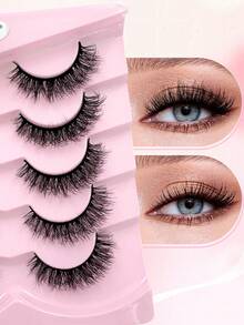 ENCHUW 5 Pairs Natural Lashes Fluffy False Eyelashes Curl Fake Eyelashes With Soft Band Eye Lashes Wispy Lashes 3D Volume Strip Lashes - Black - View 4