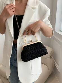 复古仿皮斜挎包，女士款，复古风格搭扣迷你手提包，配有可调节肩带，纯色轻便都市手提包，涤纶内衬，男女通用 - 黑色 - 查看 5