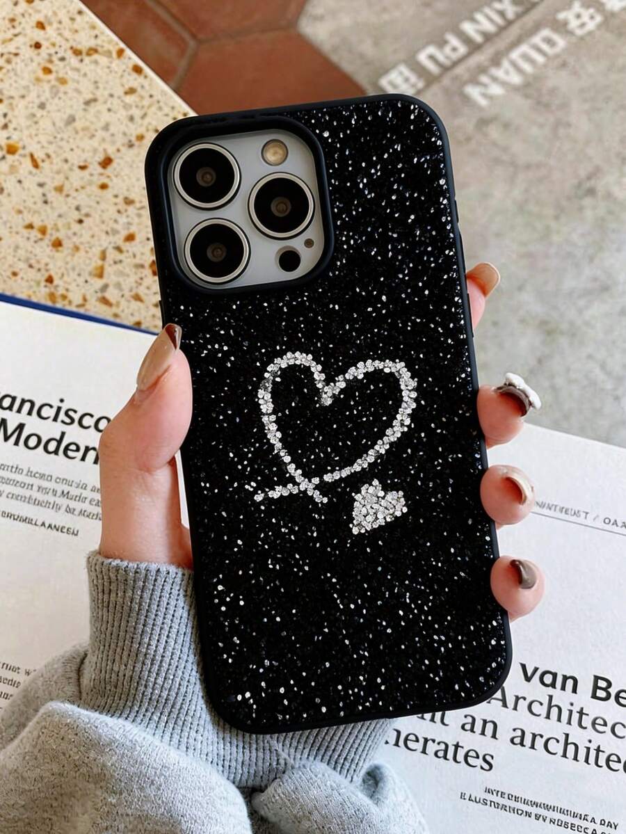 1 chiếc ốp lưng điện thoại hình trái tim đính đá lấp lánh, kiểu dáng tối giản và dễ thương, viền mềm mại, chống sốc, thoải mái khi sử dụng, phù hợp với 17 Pro Max, 16 Pro Max, 15, 14 Pro, 13, 12, 11 Series - màu đen - Xem 1