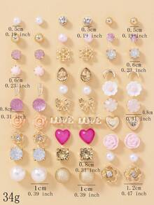 30对可爱漂亮的心形、花朵、字母、雪花、月亮金属和水钻仿珍珠耳钉，适合日常佩戴 - 彩色 - 查看 4