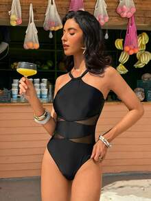 This Elegant Black One-Piece Swimsuit Features A Tie-Back Design And Alluring Mesh Panel Inserts, Making It A Stylish And Comfortable Swimwear Option. Vacation Beach Summer - Black - View 5