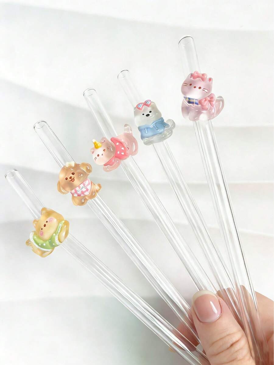 Bộ 5 ống hút thủy tinh hình động vật dễ thương dài 20cm, kèm cọ vệ sinh, hình mèo và chó, chịu nhiệt, có thể tái sử dụng, thích hợp cho sinh tố, cà phê đá, trà, quà tặng tiệc tùng, đồ uống mùa hè.