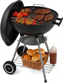 Round Portable Charcoal BBQ Grill With Lid, Large Capacity Cooking Grate Home, Camping & Outdoor Parties - Black - View 9
