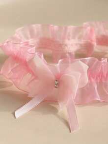 欧美新娘婚礼流行粉色蕾丝边蝴蝶结吊袜带性感腿链 - 粉色 - 查看 4