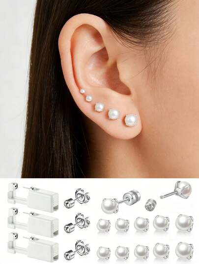 2 pièces-9 pièces Kit de perçage - Pistolet de perçage d'oreille stérile et jetable pour utilisation à domicile + 5 pièces Boucles d'oreilles à tige plate avec faux perles et cubic zirconia