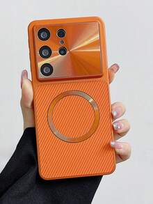 Funda de teléfono de fibra de carbono con lente Aurora magnética de lujo, compatible con Samsung S26 Ultra, S25, S24 Ultra, S23 Ultra, protección de cámara a prueba de golpes - Naranja - Ver 3