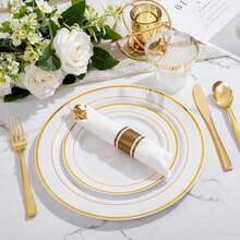 350-Piece Gold Disposable Plates And Cutlery Set - Premium 10.25" Dinner Plates 7.5" Dessert Plates 9oz Cups And Cutlery For Weddings Catering Events - 50 Guest Service - Elegant And Sturdy - 金子 - 查看 4