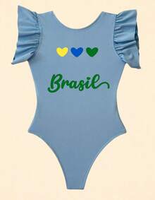 Brazilian Girl's World Cup Fan Bodysuit, Mini Diva Look, Brazil On The Road To The Hexa (Brazil's Sixth World Cup Title), Patriotic Children's Clothing, Fashion Style, Girl's - 藍色 - 查看 2