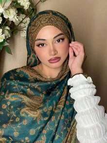 1pc Women's Paisley Pattern Embroidered Pashmina Scarf, Bohemian Vintage Tassel Shawl, Soft & Comfortable, Suitable For Daily Wear - 軍綠色 - 查看 1