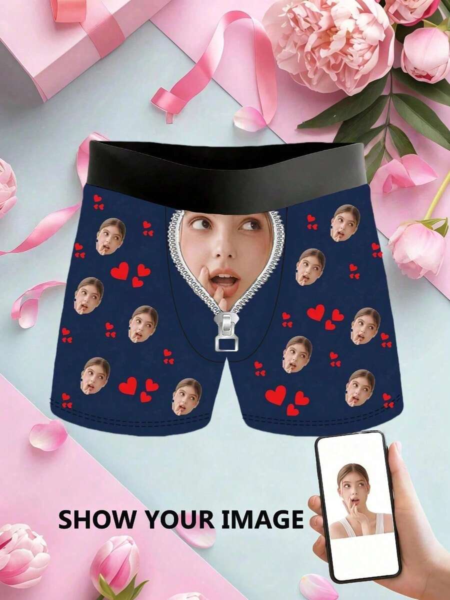 1pc Christmas Customized Print Mid-Waist Comfortable Breathable Men's Boxer Briefs - Royal Blue - View 1