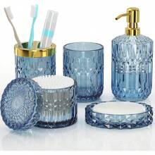 5-Piece Blue Diamond-Cut Glass Bathroom Accessories Set, Includes Soap Dispenser, Soap Dish, Toothbrush Holder, Tumbler & Cotton Swab Jars, Modern Crystal Decor For Bathroom - Housewarming Gift - Màu xanh lam - Xem 1