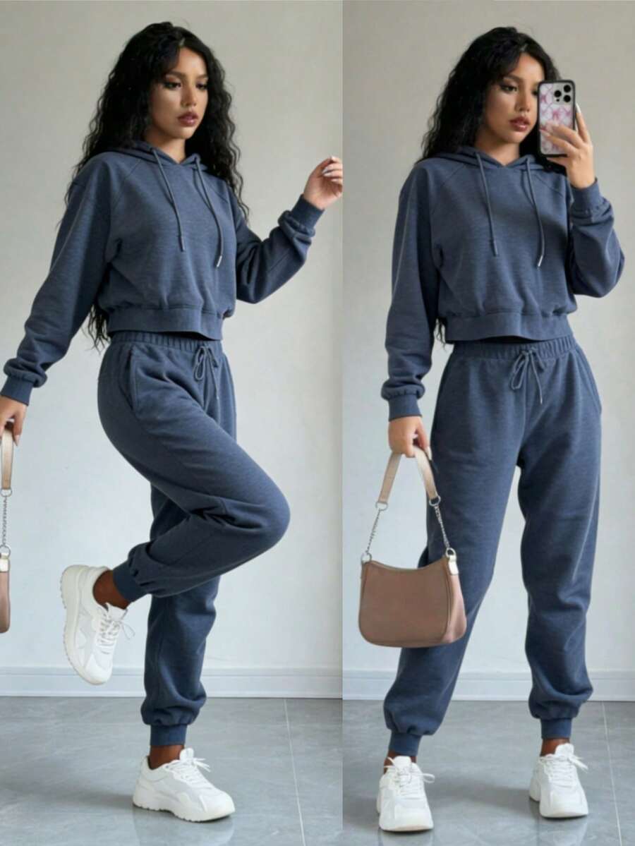 el mejor regalo para el Día de la Madre:(Hasta agotar existencias)Conjunto de suéter de manga larga asimétrico gris sencillo de punto holgado que cae de los hombros y pantalones acampanados, conjunto de dos piezas para mujer para otoño/invierno, ropa de entrenamiento - Gris Oscuro - Ver 1