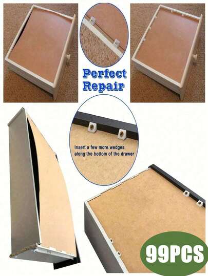 家具维修楔形垫片，包括90度塑料角支架、紧固件和螺丝，用于修复下垂的抽屉、底座和橱柜。