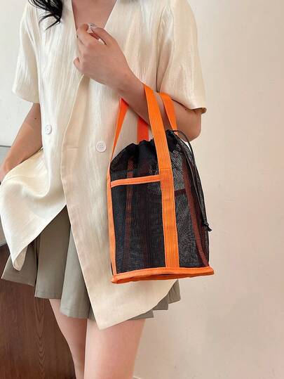 1pc Quilted Drawstring Closure Mesh Patchwork Tote Bag, Travel Organizer Pouch, Foldable Lightweight Casual Beach Bag, Breathable Mesh Hollow Portable Toiletry Bag Swim Bag, Large Capacity Tote Bag For Vacation Travel Gym, Unisex Bucket Bag, Oversized Tote, Suitable For Men And Women