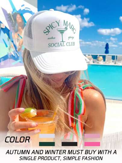 1pc Printed "Spicy Marg" Drawstring Baseball Mesh Cap, Outdoor Lightweight Breathable Adjustable Sun Protection Snapback Unisex Hat, Y2K Style Outdoor Casual Versatile Winter Cold-Proof Cap Suitable For Daily Commute