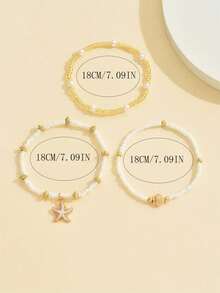 3件套简约白色珠子和仿珍珠海星贝壳手链，适合女性日常佩戴和休闲旅行 - 彩色 - 查看 5