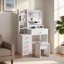 Makeup Vanity Desk With Mirror And Lights, 3 Adjustable Brightness Color Lighting Modes, Vanity Set With Drawers, Stool And Open Shelves, Dressing Table For Bedroom - US A Type Plug(110-127V) - View 6
